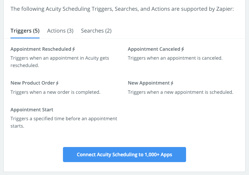 Acuity triggers, actions, and searches in zapier